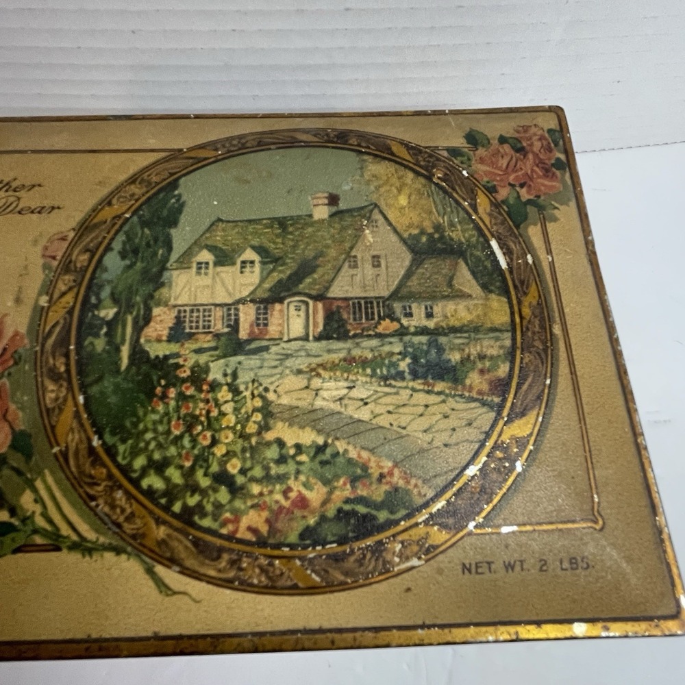 Art Nouveau Vassar Chocolates For Mother Dear Tin Canco VTG Cottage Roses Metal - Picture 3 of 13